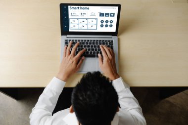 Smart home technology, centric remote control system with digital dashboard for air conditioning, safety security network or house automation. App software, ui panel programming IOT monitor snugly