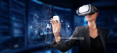 Bir iş kadını sanal gerçeklikte yapay zeka kullanan bir sohbet robotu arayüzü ile etkileşime girer, gelişmiş teknolojiyi ve dijital ortamda büyüleyici bir katılımı sergiler. XDMCP