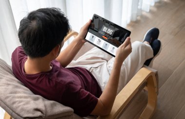 blogging concept, web blog Social Media Information network snugly. social media online content, freelance worker, working online, content creator, blogger, website, reading blog online on computer