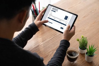 Muhasebe uygulamasından gelen fatura bilgisayar ekranında. Şirket işlerinin finans ve bütçesi için bilgisayar programı. Rahatça..