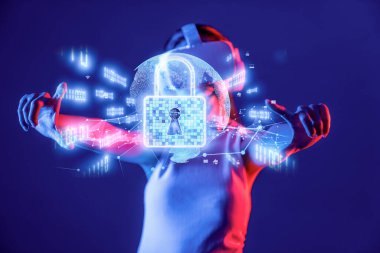 Siber güvenliğin büyüleyici görsel temsilini keşfedin, dijital tehditlere karşı çevrimiçi koruma sağlamada veri gizliliği ve teknolojik rolü vurgulayın. XDMCP