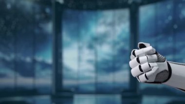 Robotik bir el, parlak ve modern bir atmosferde, canlı bir değer aralığı göstergesi olarak uzanıyor. Bu video teknolojik yeniliği ve veri görselleştirmesini temsil ediyor. Auvana