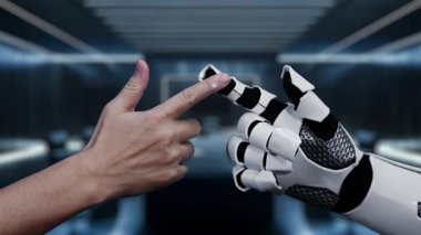 Modern ofis ortamında takım çalışmasını sembolize eden dijital simgelerin yer aldığı insan ve robot işbirliğinin görsel bir temsili. Yenilikçi bir kavram. Auvana