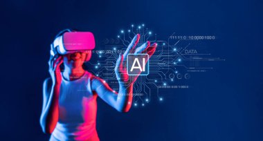 Sanal gerçeklik kulaklığı takan bir kadın, yapay zekayı temsil eden, modern bağlamda teknoloji ve verileri gösteren dijital bir ekranla etkileşime girer. XDMCP