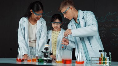 Zeki kız deney yapmak için heyecanlanan çeşitli öğrenciler iken beher kabına renkli solüsyon döker. Profesyonel bilim adamı kimyasal teoriyle kara tahtada deney yapmaya hazırlanıyor. Öğretim.