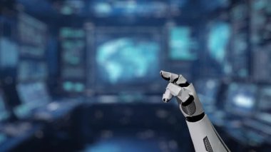 Yapay zeka arayüzüne doğru uzanan robot bir el modern yaşamın çeşitli sektörlerini temsil eden dijital simgelerle teknolojinin ve yeniliğin bir karışımını sergiliyor. Auvana