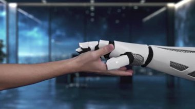 Modern ofis ortamında yenilik ve işbirliğini gösteren vites simgeleri ve iş sembolleri parlarken elini uzatan bir el ışığı tutuyor. Auvana