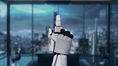 Fütürist bir robot el modern bir ofiste ışıldayan dijital bir işaretle onaylama sinyali veriyor, şık bir ortamda yenilik ve teknolojinin altını çiziyor. Auvana