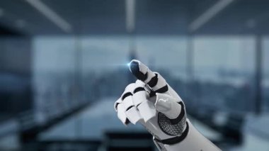 Robotik bir el dijital bir arayüze dokunuyor, modern bir ofiste güncelleme çubuğunu gösteriyor. Teknoloji ve yeniliğin iş başında bir karışımı. Auvana