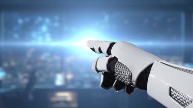 Robotik bir el, modern ortamlarda teknoloji ve yeniliğin yakınlaşmasını gösteren gösterişli bir dijital çalışma alanı içinde yapay zeka arayüzüne uzanıyor. Auvana