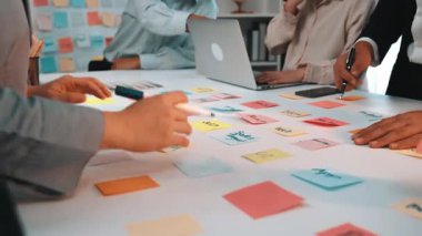 Yaratıcılığa ilham veren yapışkan notlar, dizüstü bilgisayarlar ve odaklanmış tartışmalarla işbirlikçi bir beyin fırtınası yapan çeşitli bir grubun yer aldığı modern bir ofis sahnesi. SACTR