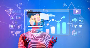 Genç bir birey, canlı ve etkileşimli bir ortamda dijital pazarlama stratejileri ve sosyal medya reklamlarını keşfetmek için sanal gerçeklik teknolojisine başvuruyor. XDMCP