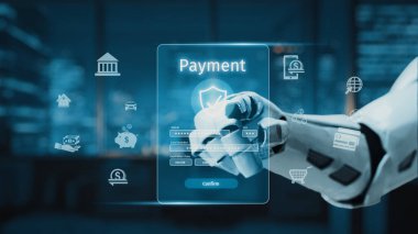 Fütürist robot bir el, şeffaf bir dijital ödeme arayüzü ile etkileşime geçerek modern teknoloji unsurları ve finansal simgeleri parlak bir ortamda sergiliyor. Auvana