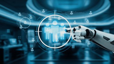 Bir robot el dijital bir arayüze bağlanır, gelişmiş bir etkileşimi, teknolojinin ve kullanıcı deneyiminin birleşimini sembolize eden zarif, yüksek teknolojili bir ortamda gösterir. Auvana