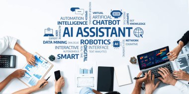 Çeşitli bir ekip yapay zeka teknolojisi kavramları, sanal asistanlar, otomasyon ve veri analizleri üzerinde işbirliği yapar. Görüntü yenilikleri ve stratejik takım çalışmalarını betimliyor. Dostluk