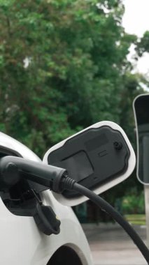 Elektrikli araba parkı ve şarj istasyonunun yanında şarj edilen enerji konseptinin sürdürülebilirliği. Çevresel koruma için yenilenebilir enerji tarafından kullanılan elektrikli araç.