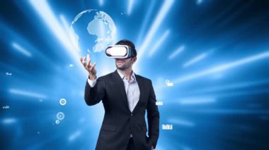 Akıllı iş adamı, mali grafiği incelerken dünya hologramını tutuyor. Proje yöneticisi sanal gerçeklik gözlüğü takıyor ve grafik üzerinde yüzen bir pazarlama stratejisi tasarlıyor. Aygıt.