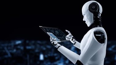 Robot hominoid use mobile phone or tablet for big data analytic using AI thinking brain , artificial intelligence and machine learning process for the 4th fourth industrial revolution . 3D rendering.