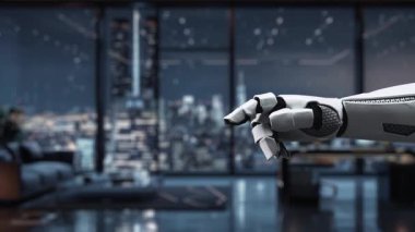 Bir robot el, dinamik bir holografik arayüzle etkileşime girer geometrik şekilleri ve veri ölçümlerini gösterir, modern teknolojiyi şık bir ofis ortamında yansıtır. Auvana