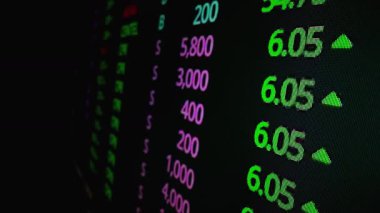 Makro çekim hareketi üzerine borsa kurulu LED ekranı borsa ve finansal verileri gösteriyor. Dinamik borsa endeksi değer artışı ve eğilim yatırımı için düşüş.