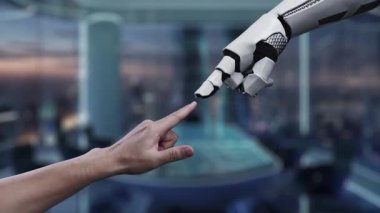 Modern Ofis Çevresindeki İnsan figürleriyle Yapay Zeka Etkileşimi 'nin Gelecekçi Kavramı Dijital Arayüz Teknolojisini Kullanıyor. Auvana