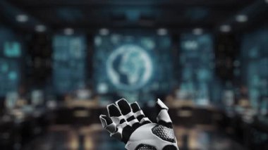 Bir robot el dijital bir küreyle etkileşime girer, canlı yüksek teknolojili çalışma alanında sanal insan simgeleri sergiler, teknolojik gelişmeyi ve küresel bağlantıyı sembolize eder. Auvana