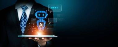 Yapay zeka sanal asistanı Chatbot ile yapay zeka konsepti ile insan etkileşimi, yapay zeka mühendisliği, LLM yapay zeka derin öğrenimi iş desteği için üretken yapay zeka kullanımı. FaaS