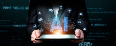 Kişisel asistan olarak üretken yapay zekayı gösteren, çok işlevli yeteneklerini ve yapay zekanın modern çözümlerdeki etkisini vurgulayan profesyonel bir konsept. XDMCP