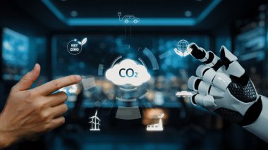 Bu kavramsal görüntü gelişmiş teknolojinin karbondioksit seviyelerinin yönetiminde bütünleşmesini gösteriyor, sürdürülebilirlik için insanlar ve robotlar arasındaki işbirliğini vurguluyor. Auvana
