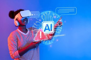 Sanal gerçeklik teçhizatına sahip genç bir insan canlı mavi bir ortamda yapay zeka dünyasını keşfediyor, yenilik ve dijital etkileşim sergiliyor. XDMCP