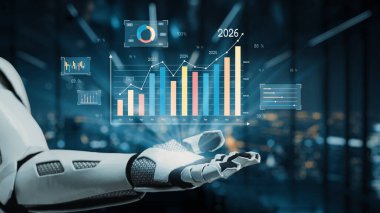 Robot bir el, modern bir çalışma alanındaki teknoloji ve iş büyümesinin kesişimini sembolize eden grafikler ve grafikler de dahil olmak üzere karmaşık veri analizlerini gösterir. Auvana