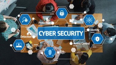 İşbirlikçi ekip siber güvenlik stratejilerini tartışıyor, modern bir çalışma ortamında veri koruma ve erişim kontrolüne odaklanıyor. Dostluk