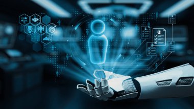 Gelecekçi bir robot el, modern bir ortamda gelişmiş teknoloji ve kullanıcı etkileşimini sembolize eden çeşitli dijital simgelerin yer aldığı holografik bir arayüz sergiler. Auvana