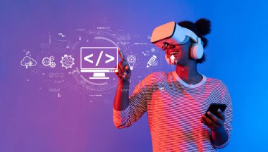 Genç bir kadın sanal gerçekliği kodlama ve teknoloji kavramlarıyla etkileşime girerek keşfediyor. Bu görüntü, canlı bir dijital ortamda yeniliğin özünü yakalar. XDMCP