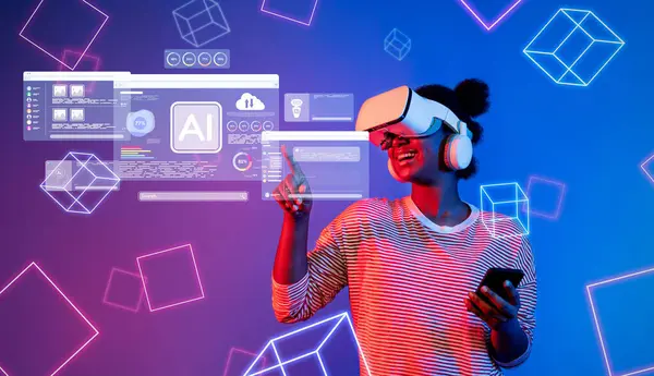 Bir kadın, canlı yapay zeka grafikleri ve fütüristik görsellerle etkileşime giren, teknolojinin ve yeniliğin heyecanını gösteren sanal gerçeklik kulaklığıyla ilgilenir. XDMCP