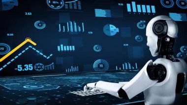 Future financial technology controll by AI robot huminoid uses machine learning and artificial intelligence to analyze business data and give advice on investment and trading decision . 3D rendering .