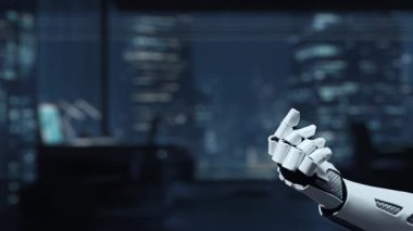 Fütürist robot bir el dijital ağ ile etkileşime girer, bireyleri temsil eden küresel bağlantılar ve simgeler sergiler, teknoloji ve iletişimdeki yenilikleri vurgular. Auvana
