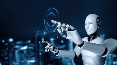 AI robot huminoid uses cloud computing technology to store data on online server . Futuristic concept of cloud information storage analyzed by machine learning process . 3D rendering .