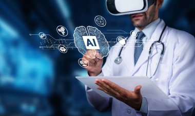 Tıbbi bir profesyonel, tıptaki sağlık ve dijital dönüşümün geleceğini sembolize eden sanal gerçeklik ve yapay zeka teknolojisiyle ilgilenir. PHMT