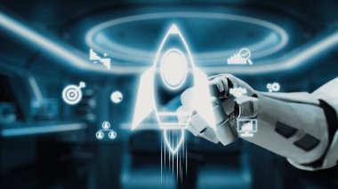 İleri teknoloji kontrol odasında parlayan bir roket ikonuna uzanan fütüristik robot eli modern işletmeler için yenilik, teknoloji ve dijital gelişimi simgeliyor. Auvana