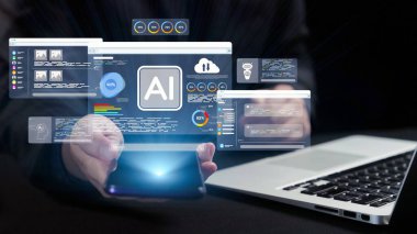Akıllı telefon ve dizüstü bilgisayarda veri görselleştirmesinin ve yenilikçi iş çözümlerinin geleceğini sembolize eden parlak bir dijital arayüz yapay zeka teknolojisi sergiliyor. Dörtgen