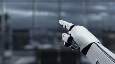 Fütürist robotik bir el modern bir çalışma alanındaki teknoloji ve iş inovasyonunun kesişimini gösteren vites ve çeşitli sembollerle dolu dijital bir arayüzü işaret ediyor. Auvana