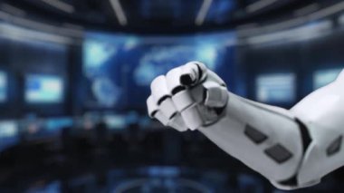 Fütürist bir robot el, iş dünyasının başarısı için yeniliği ve gelişmiş analitiği simgeleyen yüksek teknolojili bir ortamda dijital pazarlama stratejisini hedef alır. Auvana