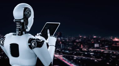 Futuristic robot artificial intelligence huminoid AI transportation analytic technology development and machine learning concept. Global robotic science research for future of human . 3D rendering.