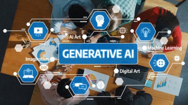 Canlı bir grup, işbirlikçi dijital projelerle uğraşırken üretken yapay zeka kavramlarını tartışıyor, modern bir çalışma alanında yaratıcılık ve teknoloji sergiliyor. Dostluk