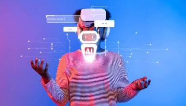 Bir kullanıcının sanal gerçeklik ortamında yapay zeka sohbet robotuyla etkileşimini gösteren modern bir sahne, gelişmiş teknolojinin kişisel yardım ve otomasyona entegrasyonunu vurguluyor. XDMCP