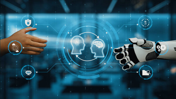 An engaging visual showcasing the collaboration between human and robot. The digital representation emphasizes communication and intelligence exchange in a modern office. Auvana