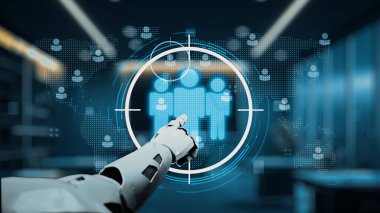 Robotik bir el, gelecekçi ofis ortamındaki dijital insan figürlerine kararlı bir şekilde işaret ederek teknoloji ve insan etkileşiminin kesişimini göstererek yeniliği sembolize ediyor. Auvana