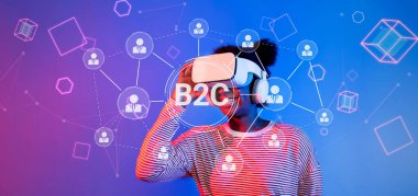 Sanal gerçeklik kulaklığı takan genç bir kadın, B2C kavramlarını temsil eden, modern teknoloji ve müşteri etkileşimini gösteren dijital bir arayüzle karşılaşır. XDMCP