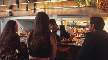 Lüks bir barda VIP müşterisi olan zeki bir barmen sıcak bir gece kulübünün ışıklandırma atmosferinde canlı bir sohbet için tezgahta yeni ve güzel bir konuğu selamlıyor. Vinosity.